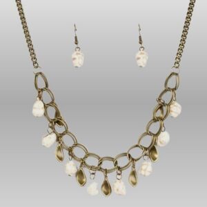 Turquoise Necklace & Matching Earrings Set Brass White Stone Fashion Jewelry